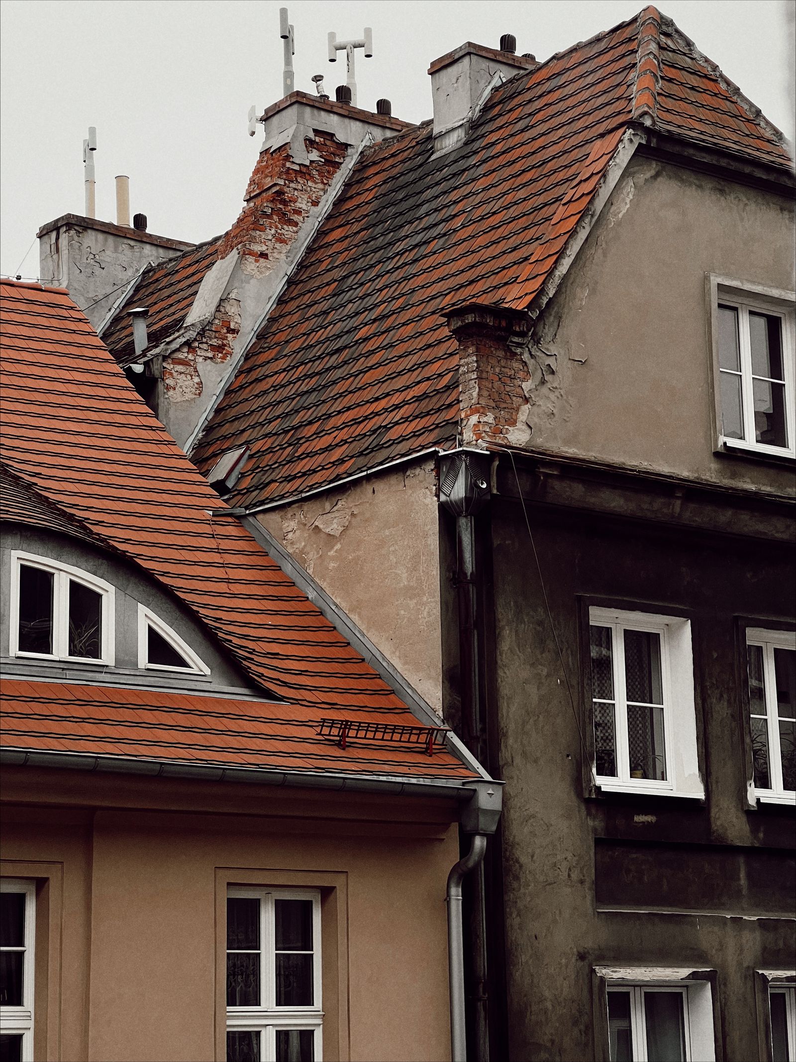 Two houses with weathered tiled roofs and their gutter lines