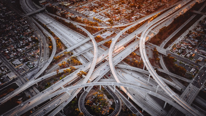 Aerial view of a multi level freeway interchange