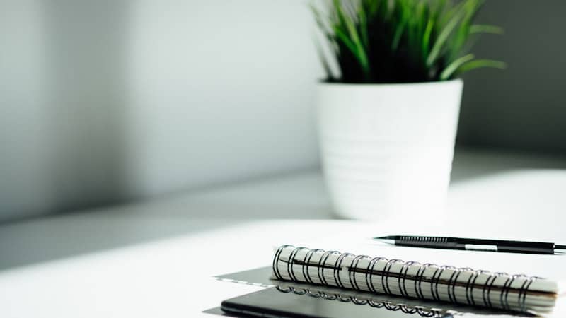 Spiral notebook and pen on a desk beside a plant