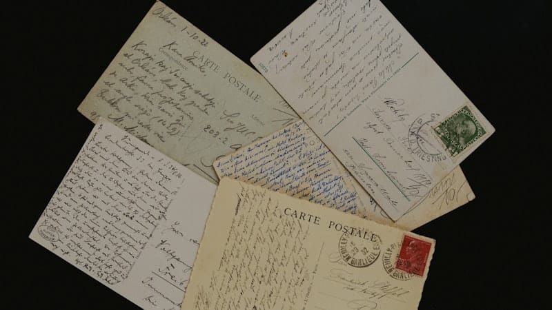 Pile of old handwritten postcards and envelopes