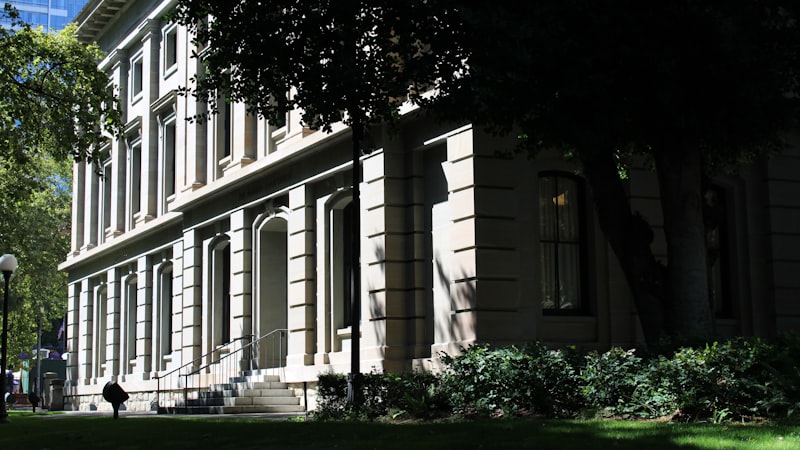 Dark classical stone building behind mature trees