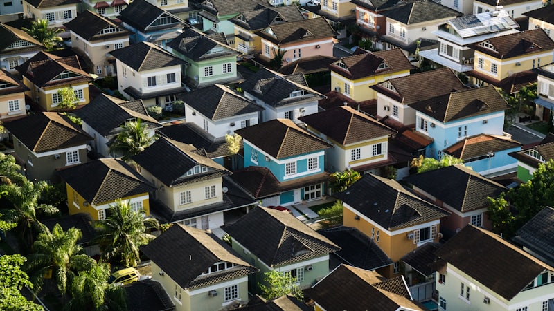 Aerial view of closely spaced suburban rooftops