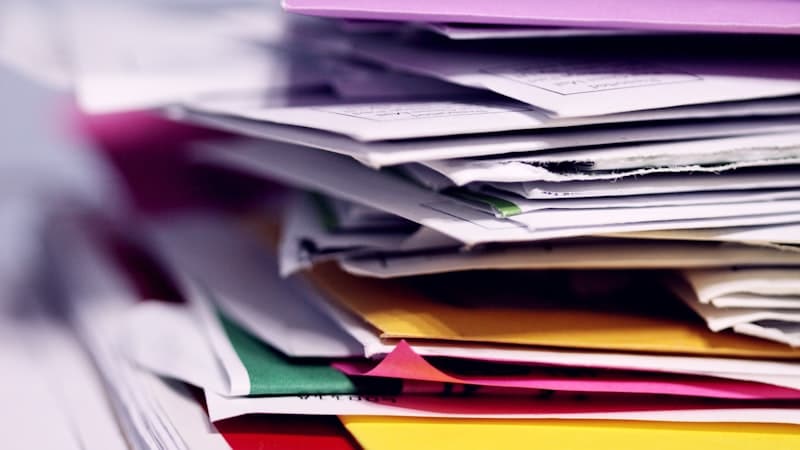 Stack of coloured paper folders and documents