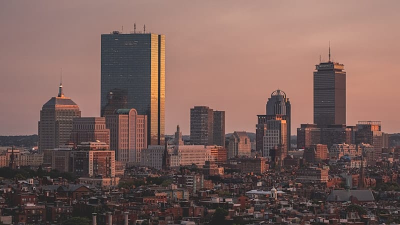 City skyline seen from above at dusk